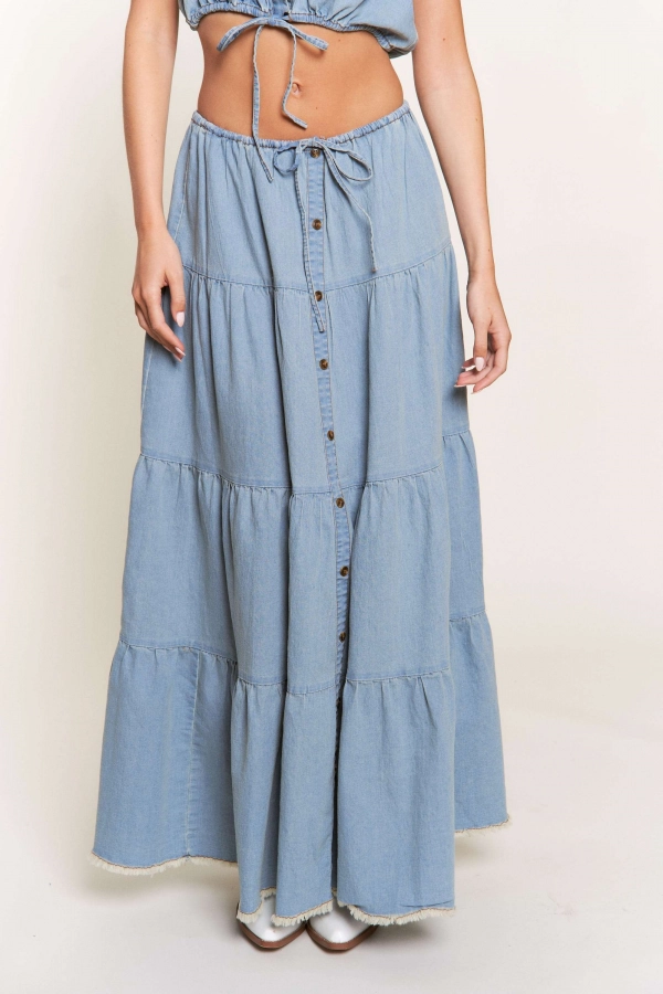 wholesale clothing washed denim tiered maxi skirt In The Beginning