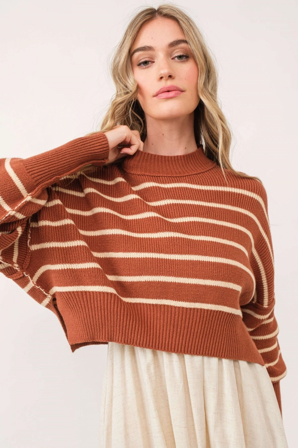 wholesale clothing brown striped long sleeved sweater In The Beginning