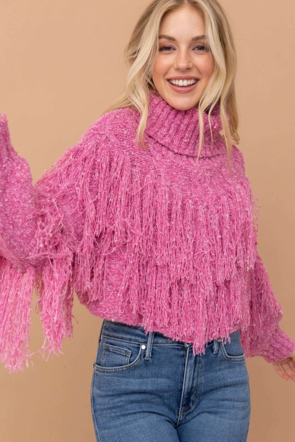 wholesale clothing pink sweater with turtle neck and sequined details In The Beginning