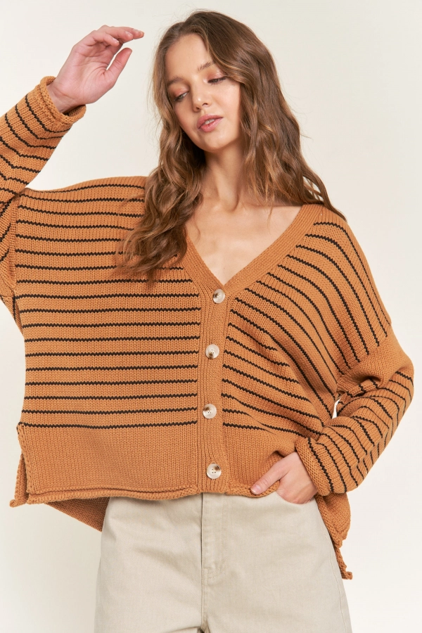 wholesale clothing striped long-sleeved camel cardigan In The Beginning
